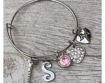 Flute Player Bangle Bracelet with Birthstone and Initial Charm Gift for Music Lovers and Flutists