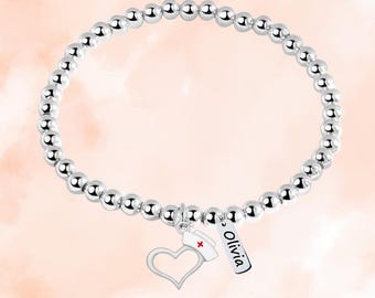 Personalized Nurse Cap Beaded Bracelet with Engraving Tag Charm, Nurse Cap Gift, Adjustable Jewelry, Custom Nurse Cap Accessories for Girls
