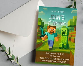 Minecraft Birthday Invitation, Gamer Party Invite (Digital Download)