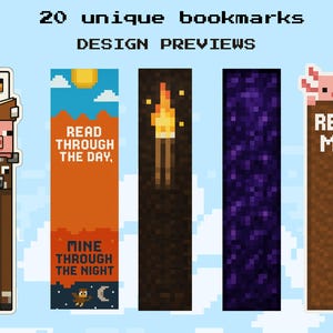 Könnte beinhalten: Eine Sammlung von 20 einzigartigen pixeligen Lesezeichen mit verschiedenen Designs. Die Lesezeichen zeigen Charaktere und Szenen, darunter eine Person, die ein Buch liest, eine Fackel und den Text "READ ME!" vor blauem Himmel.