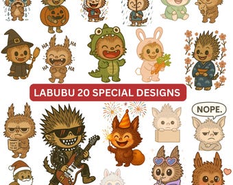 Paquete de pegatinas de Labubu: 20 poses kawaii PNG SVG (descarga digital)