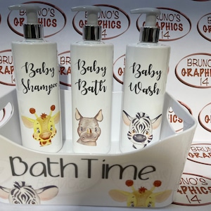 Personalised baby pump bottles nursery bathroom baby shower 3 x 500ml bottles and storage box animals