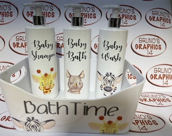 Personalised baby pump bottles nursery bathroom baby shower 3 x 500ml bottles and storage box animals