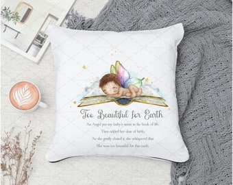 Baby loss pillow/cushion, Angel wings-baby poem-keepsake-Too beautiful for earth-Memorial gift-Miscarriage gift-Sympathy gift-Personalised-