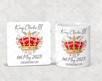 King Charles Coronation-Mug-Coaster-Cushion-Tea Towel-Tin-Gifts-Memorabilia-Souvenir-Keepsake-Royal Family-Celebration-union jack-crown