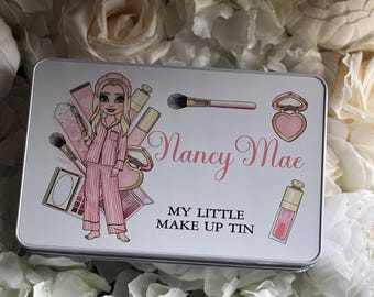 Personalised Character Tin Make up White metal Tin-Brushes-Storage-Pink Stripe pyjamas/PJ's Girl-Birthday-Gift-Xmas-Christmas-Present