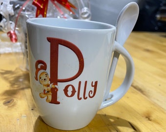 Personalised mug/cup with spoon,Christmas gift,secret Santa,Christmas Eve