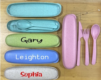 Personalised Reusable Cutlery set Eco Friendly! School/Work/Office/Picnic/travel/Bamboo/Lunch various colours spoon fork knife and case