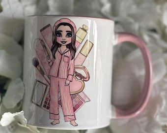 Personalised  Make up Girl 11oz Pink Handle Mug,Christmas Gift-Great for Birthdays-Choice of hair/Eye Colour Dishwasher and Microwave Safe.
