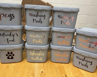 Personalised Kitchen Storage Caddy Eco, Grey Dishwasher Tablets,Nappies,Pet Food, Bird Seed,Dog treats,Cat treats,cloths,Mrs Hinch Inspired