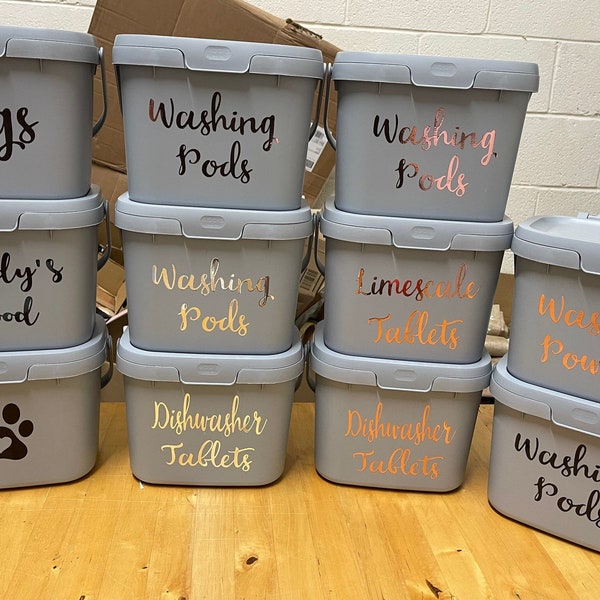 Personalised Kitchen Storage Caddy Eco, Grey Dishwasher Tablets,Nappies,Pet Food, Bird Seed,Dog treats,Cat treats,cloths,Mrs Hinch Inspired