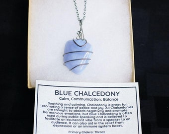Polished Blue Chalcedony Stone With Wire Wrapping and Silver Chain, Blue Chalcedony Pendant, Blue Chalcedony Necklace, Crystal Jewelry