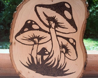 Handmade Wood Burning Mushroom Patch Art