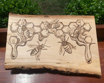 Honeybees and Comb Handmade Woodburn Wall Art on Live Edge Wood