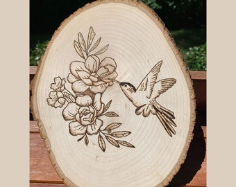 Handmade Wood Burning Art, Hummingbird and Flowers, Sustainable Gift