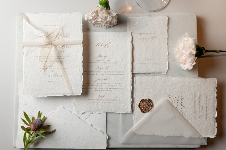 Muster VILLA Einladungskarte zur Hochzeit, Baumwollpapier, Hochzeit Einladung Set, Hochzeit Einladungskarte, Wachssiegel, elegant Bild 1