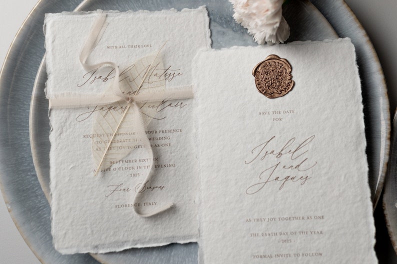 Muster VILLA Einladungskarte zur Hochzeit, Baumwollpapier, Hochzeit Einladung Set, Hochzeit Einladungskarte, Wachssiegel, elegant Bild 3