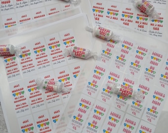 Personalised Love heart wrappers, Love heart STICKERS, Personalised wedding sweet wrappers, wedding favour sweet labels, personalised favour
