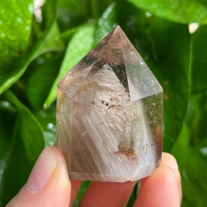May include: A clear, faceted crystal point with internal inclusions and a warm, earthy colour palette. The crystal has a polished, geometric shape, with a pointed top and a rectangular base. The crystal is held against a backdrop of green foliage.