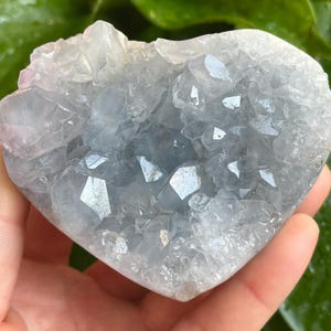May include: A heart-shaped celestite crystal cluster. The crystal has a pale blue color with a crystalline structure. The surface reflects light, creating a sparkling effect. The crystal is held in a hand.