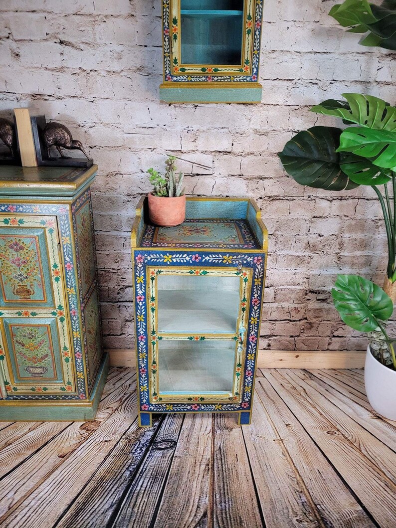 Display Hand Painted Mango Wood Glass Storage Unit Etsy UK