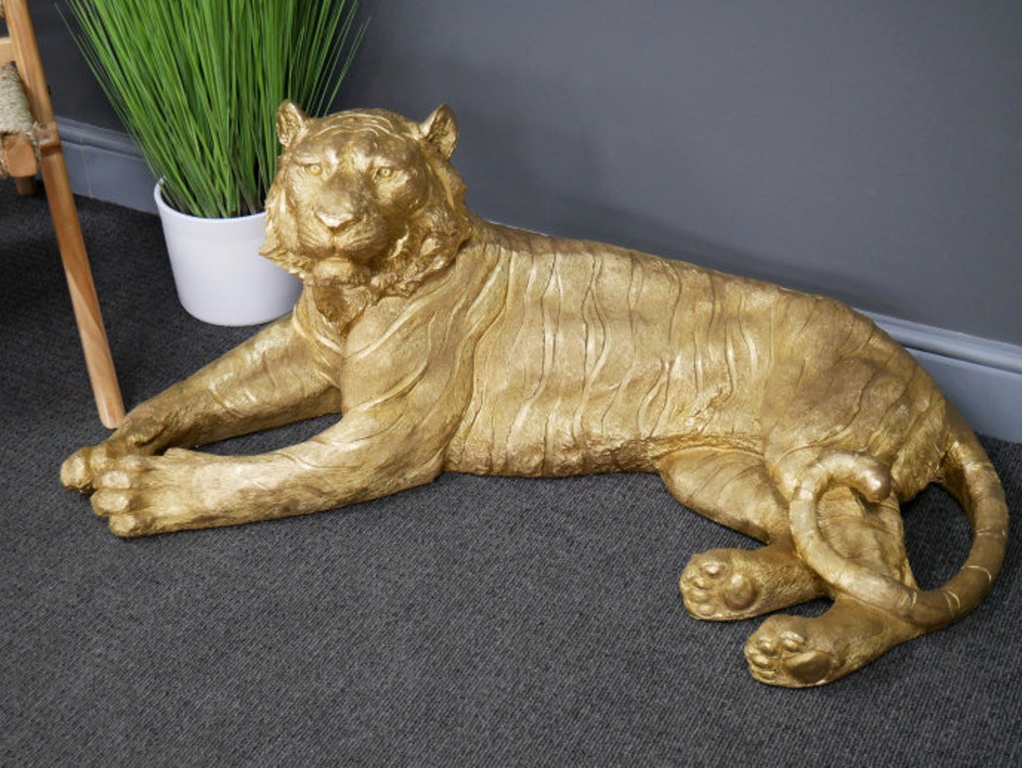 Large Gold Tiger Statue Laying Tiger Ornament Figure Sculpture Etsy UK