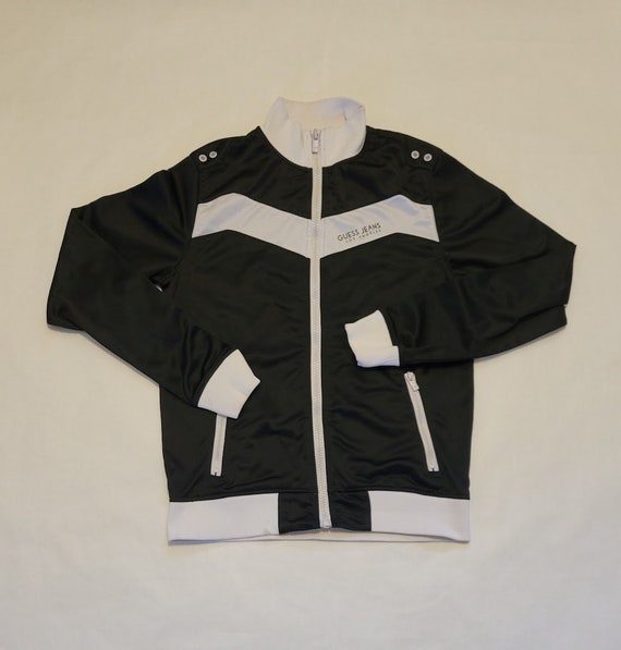 Vintage Women's Guess Jeans Black and White Stripe Zip Up Track Jacket. Size Small.