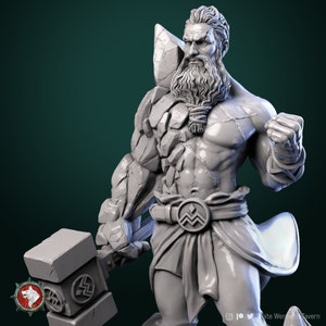 May include: A grey, stone-like figure of a muscular man with a long beard, holding a large hammer. The figure is wearing a belt with a symbol on it. The figure is sculpted in a realistic style.