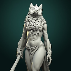 Pode incluir: Uma escultura branca e detalhada de uma figura feminina com cabeça de lobo e uma musculatura imponente. Ela está usando uma saia de pele e segurando um cajado.
