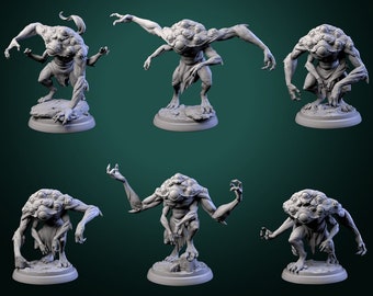 May include: Six different views of a gray, multi-eyed creature miniature. The creature has four arms and is standing on a round base. The miniature is made of plastic and is painted in a gray color.