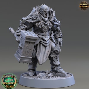 Human Paladin with Hammer, Carl Saturno - Templars Northern Lights - 32mm Scale - Unpainted Miniature for DnD, Pathfinder, Tabletop RPGs