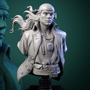 May include: A gray bust of a pirate with long flowing hair, a bandana, and a jacket. The bust is on a black base. The pirate is wearing a necklace with a skull pendant. The text "Swashbucklers of the Seven Seas" is at the bottom.