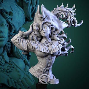 May include: A detailed bust of a woman in a pirate hat, adorned with a monkey on her shoulder. The bust features a ruffled collar, corset, and a decorative hat with a skull. The base is black, and the text "Swashbucklers of the Seven Seas" is visible.