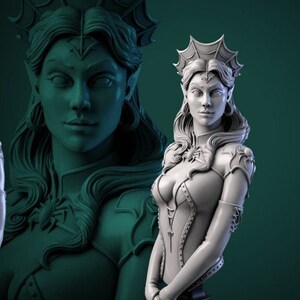 Puede incluir: Un busto de escultura gris de una chica Drow con una corona y detalles intrincados. El busto está sobre una base negra y el fondo es de color verde oscuro.