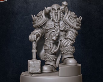 May include: A gray miniature of a dwarven king, clad in detailed armor and holding a hammer. The figure has a long braided beard and is standing on a circular base. Text on the image reads "Lost Dwarven King" and "November Patron commission."