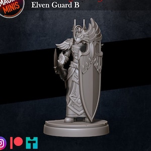 Op de afbeelding: Een grijs plastic miniatuurfiguur van een elfenkrijger die een zwaard en schild vasthoudt. De elf draagt ​​een harnas en een helm met een gevederde kam. De miniatuur staat op een ronde basis. De tekst "Sun's Fury Camp Elven Guard B" is zichtbaar op de achtergrond.