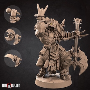 May include: A detailed miniature figurine of a horned, armoured creature playing a guitar with a large axe strapped to its back. The figurine is painted in a grey colour and is posed in a rock and roll stance. The figurine is part of a set called "Bite the Bullet".