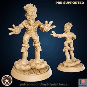 May include: A 3D-printed figurine of a cartoon character with a steampunk aesthetic. The figure has a beard, goggles, and mechanical details on the arms and legs. The figure is standing on a cloud-like base. The words "PRE-SUPPORTED" are visible.