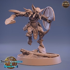 Jauk Stomper、剣と盾を持つゴブリン戦士 - 32 mmスケール - DnD、Pathfinder、卓上RPG用の未塗装ミニチュア - Daybreak