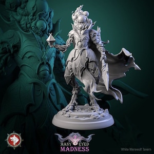 May include: A gray, detailed miniature figurine of a creature with multiple eyes, wearing a cloak and holding a dagger. The creature has bird-like legs and is standing on a round base. The base has the text "MANY EYED MADNESS" on it.