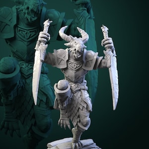 Dragonborn Warrior with Two Swords - 32mm Scale - Unpainted Miniature