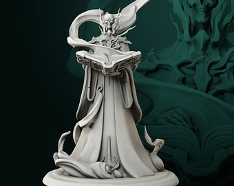 May include: A white, detailed, 3D printed miniature of a skeletal figure in a flowing robe, holding a book. The figure is surrounded by swirling, ethereal smoke.