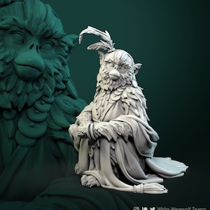 May include: A white, detailed, 3D printed figurine of a monkey wearing a feathered headdress and a robe. The monkey is sitting with its legs crossed and its hands clasped in its lap.