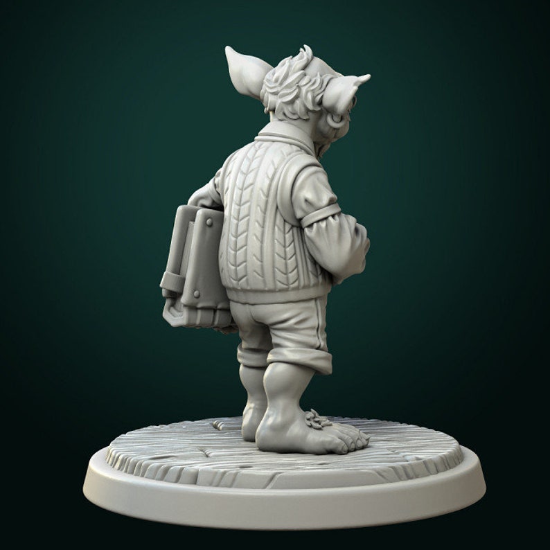 May include: A gray 3D printed figurine of a goblin wearing a sweater and holding a book. The goblin is standing on a wooden base.