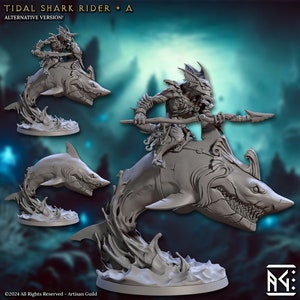 Tidal Shark Rider - Pose A - Mirmidons of the Death-Tide - 32mm Scale - Unpainted Miniature for DnD, Pathfinder, Tabletop RPGs