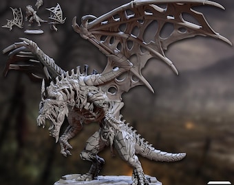 May include: A detailed, gray, zombie dragon figurine with large, skeletal wings. The dragon has a menacing pose, with visible rib cage and sharp teeth. The base is 100mm. Text on the image reads "KELTH'AKOS + ZOMBIE DRAGON" and "www.ArtisanGuildMiniatures.com".