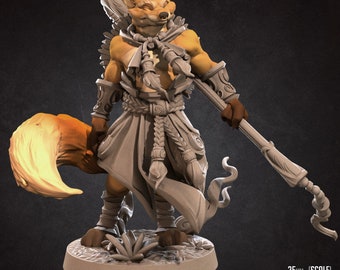 May include: A 3D printed miniature of a fox-like creature with a long, bushy tail. The figure is wearing a long, flowing robe and holding a staff. The miniature is painted in a light grey colour and is approximately 37 mm tall.  35MM (SCALE) 37MM (HEIGHT) 53.02 x 45.46 x 32.72MM (DIMENSIONS) BITE THE BULLET