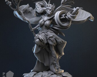 May include: A gray 3D printed miniature of a female figure with flowing hair and wings, holding a staff and standing on a base with leaves. The figure is wearing a flowing robe and a crown.