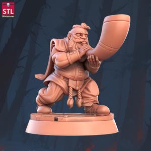 Dwarf with Horn, Dwarf Bard - Town Festival Set - Unpainted Miniature