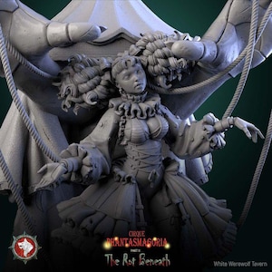May include: A detailed gray sculpture of a woman in a circus-themed costume, with a lion's head and tent structure in the background. The sculpture has the text "Cirque Phantasmagoria Part 2: The Rot Beneath" and a wolf logo.